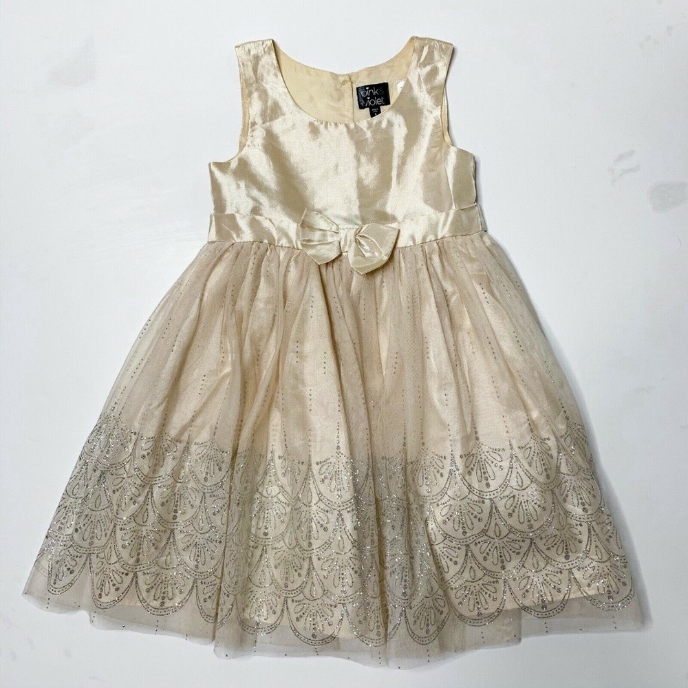 Pink & Violet Dress Girls Size 6 Cream Formal Silver Glitter Tie Back Sleeveless